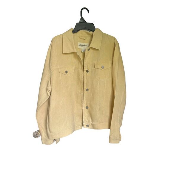 Eddie Bauer Size L Tall Lightweight Linen Yellow Button Up Shirt Jacket - Picture 2 of 11